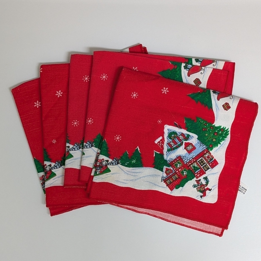 Vintage Sunweave Linen Christmas Boy Delivering Presents Cloth Napkins 5